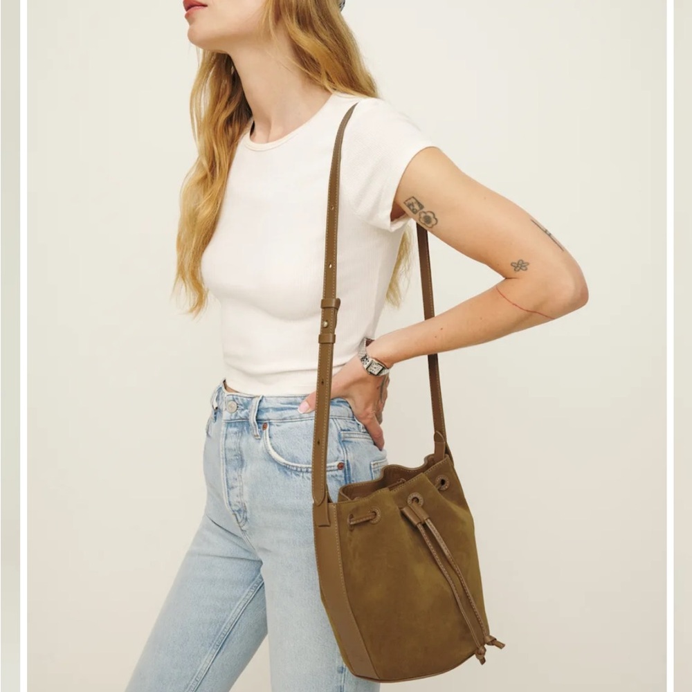 LIKE NEW REFORMATION Ornellia Bucket Bag, Bog Suede - Picture 3 of 9